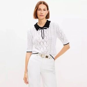 Loft Elegant White Lace Knit Top with Black Accents